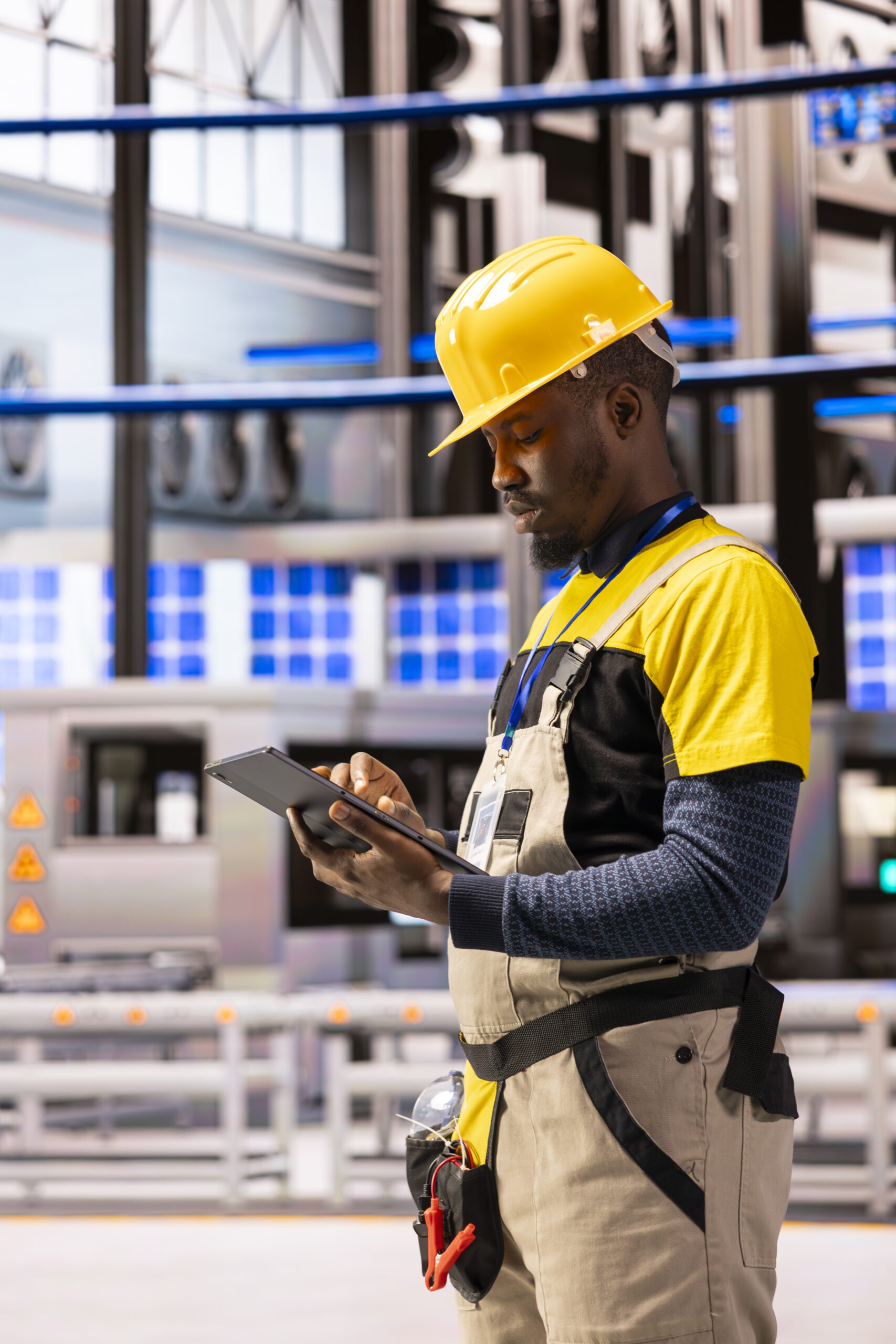 Male engineer analyzing industry 4.0 system performance in smart manufacturing plant. Black man monitoring machinery and robotic arms, ensuring optimal production and industrial automation efficiency.