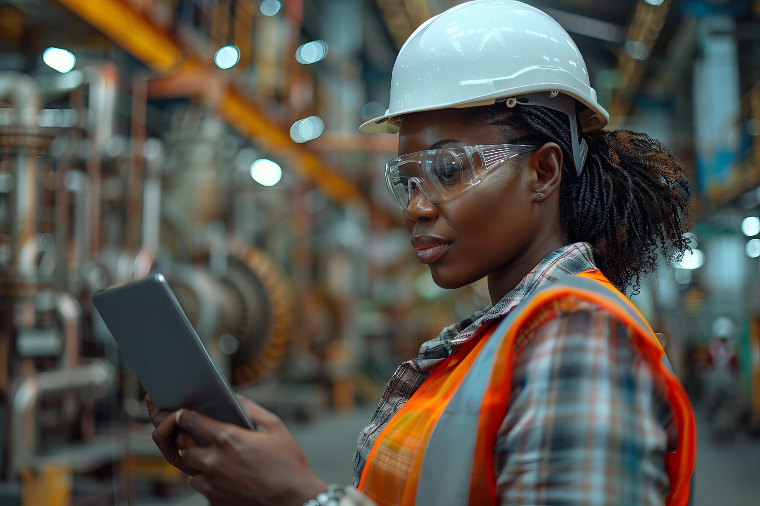 A confident plus-size Black engineer in her 50s, with a white hard hat and safety vest, is standing on a partially constructed building, examining a digital tablet. She is deeply focused, with the structure's skeleton and workers visible around her. The image is taken from a side angle, highlighting her focus and the detailed work around her --ar 3:2 --stylize 1000 Job ID: 98cfa2a3-e0df-4964-9936-79b16bc8e27e